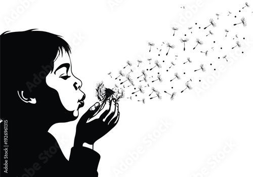 Child blowing dandelion vector illustration. Silhouette of a person with flying seeds. Childhood dreams and nature concept.