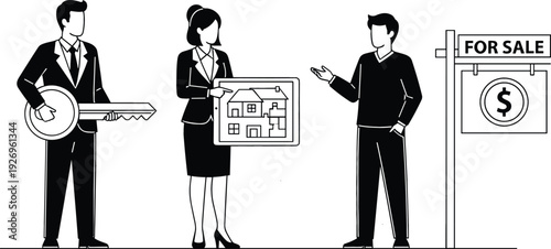 Black and White Outline Vector Illustration of Real Estate Agents Handing Key and House Plan to Client for Property Sale Transaction