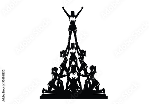 Cheerleading pyramid silhouette. Group of female athletes in a team formation. Concept of teamwork, athleticism, and school spirit.