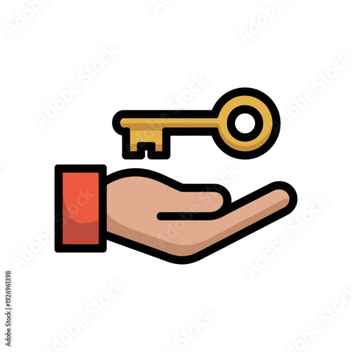 A hand holding a golden key in a minimalist vector graphic illustration