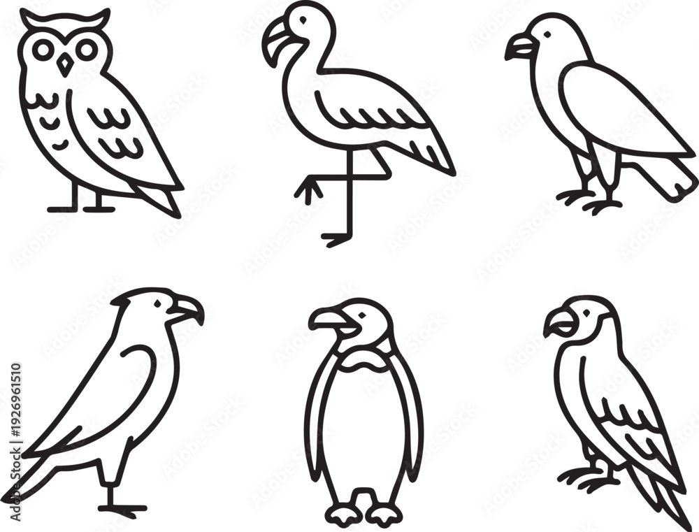 Obraz premium Set of Line Art Birds in Minimal Outline Style, Hand Drawn Bird Silhouettes, Simple Nature Animal Illustration Collection