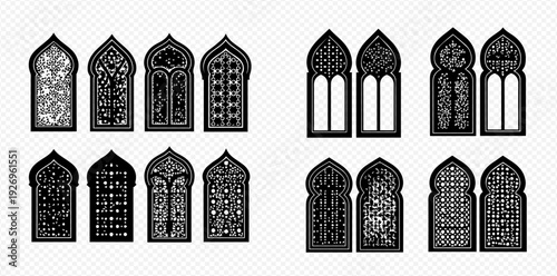 Set of various black ornate Arabic windows and arch designs.