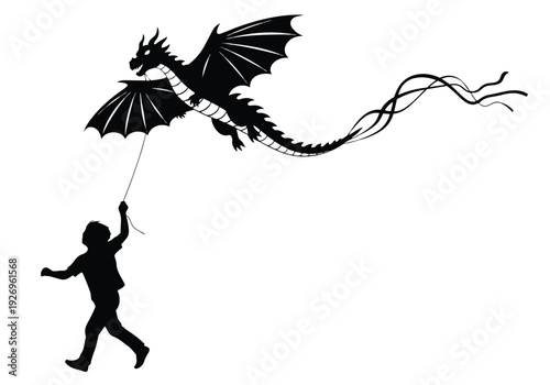 Child flying a dragon kite silhouette. Boy and mythical creature enjoying fantasy play. Childhood imagination and dreams concept.