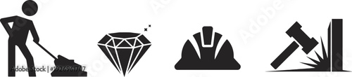 Mining Icons Pack – Black Silhouette Design - Construction and Mining Worker Vector Graphic Set - mining worker icon, miner silhouette, diamond icon vector, gemstone illustration, mining industry icon