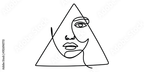 Minimalist continuous line art woman face in triangle