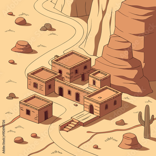 Isometric view of a desert pueblo settlement with multiple adobe buildings, pathways, rocks, and a lone cactus, set against canyon walls.