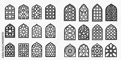 Set of Islamic geometric window patterns and decorative screen designs.