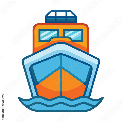 A vibrant illustration of a simple boat sailing on a wavy blue ocean

