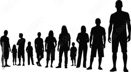 People height comparison silhouette set, men women and children growth stages isolated on white background vector illustration
