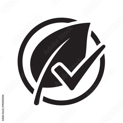 Eco Approval Badge With Leaf And Checkmark In Circular Arrow — Black Solid Vector Icon For Sustainable Certification And Environmental Compliance