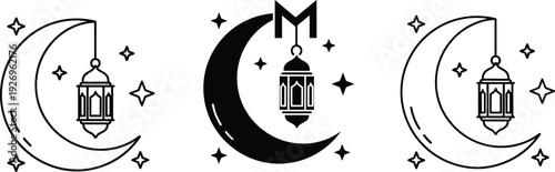 Islamic crescent moon and hanging lantern icon set with stars in outline and solid black styles for Ramadan.