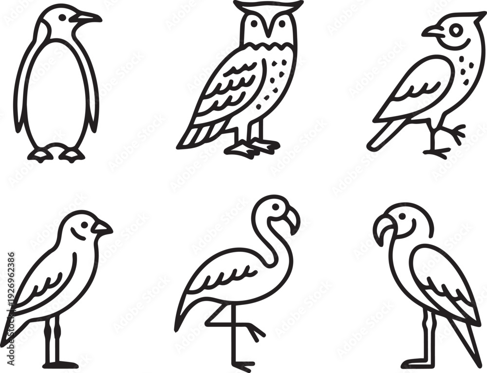 Fototapeta premium Set of Line Art Birds in Minimal Outline Style, Hand Drawn Bird Silhouettes, Simple Nature Animal Illustration Collection