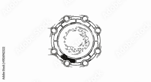 Abstract circular graphic with segmented outer rim and swirling inner elements