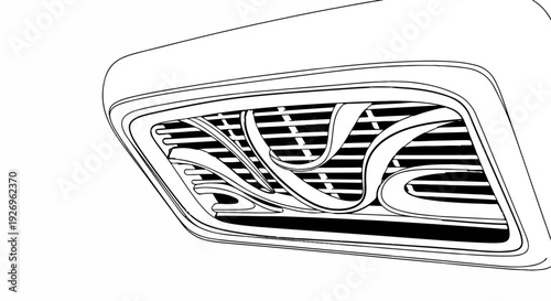 Abstract curvilinear lines form a patterned grille within a bold outer frame