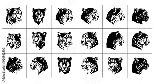 Canvas Print Collection of 20 different black and white animal head illustrations various wil