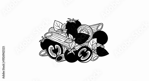 Black and white illustration of pasta, tomatoes, and basil