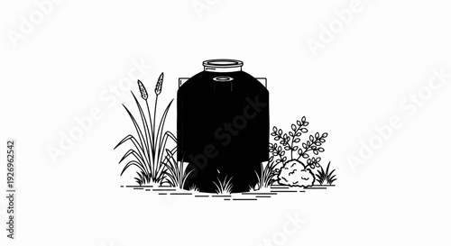 Black septic tank with grass and shrubs in a line drawing