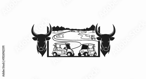 Bull heads flank a golf course with carts and trees