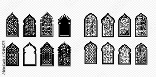 Set of Islamic Arch Windows with Intricate Geometric Patterns and Traditional Ornamentation.