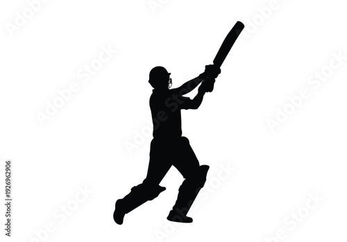 Cricket batsman silhouette. Player in action, holding bat and wearing protective gear. Dynamic sports competition concept.