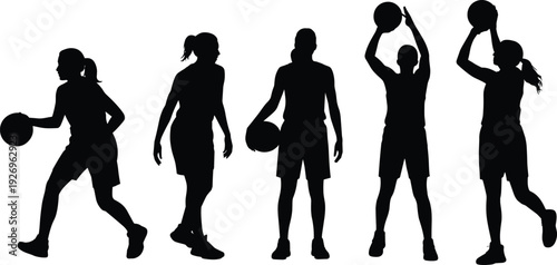 Basketball silhouettes, players dribbling, athletes standing, preparing to shoot, sports action, dynamic poses, teamwork, energy, motion, competitive play, training