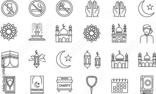 Islamic and Ramadan line icon set featuring kaaba mosque prayer beads quran charity box lanterns and crescent moon vector.