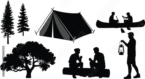 Camping scene silhouettes illustration set, outdoor recreation vector artwork, nature adventure design graphics, wilderness icons collection, travel lifestyle symbol