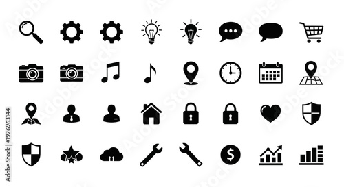 Collection of various black icons on white background for business and technology concepts