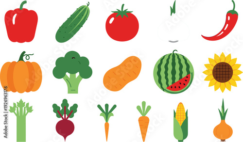 Colorful Vegetable and Fruit Icons Set Vector Illustration with Pepper, Tomato, Pumpkin, Carrot, Corn, Watermelon and Sunflower