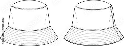 WebUnisex Bucket Hat Technical Sketch, Front and Side View White Sun Hat Vector Illustration, Fashion Design Flat Drawing Headwear Template.