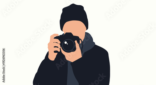 Photographer in Winter Hat Takes Picture with DSLR Camera