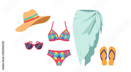 Summer Beachwear Essentials: Bikini, Hat, Sunglasses, Sarong and Flip-flops