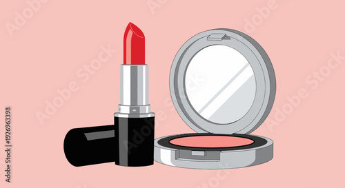 Red Lipstick and Compact Mirror with Blush - Flat Design