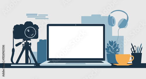 Digital Content Creation Workspace: Camera, Laptop, Headphones, Coffee
