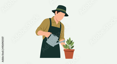 Gardener watering a potted plant with a watering can, flat illustration