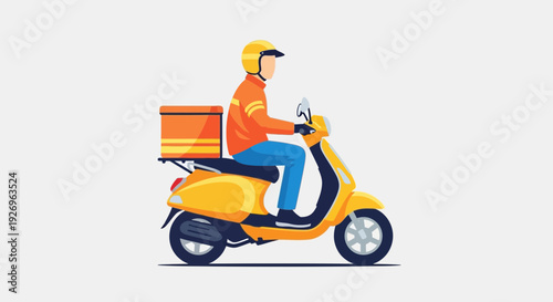 Delivery man on scooter with food box, fast courier service