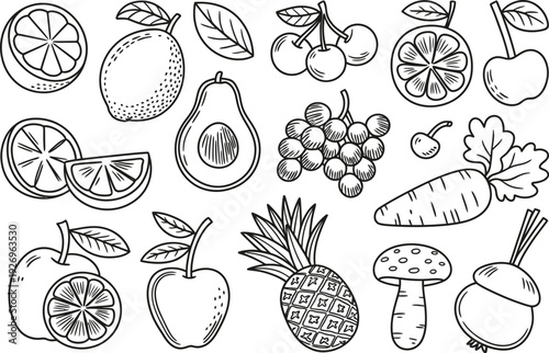 Fresh fruit and vegetable icons in a simple line drawing style