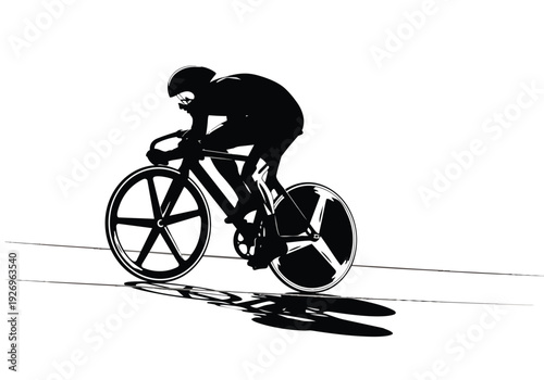 Cyclist silhouette graphic illustration. Person on racing bicycle in dynamic pose on track. Speed, sport, and athleticism concept.
