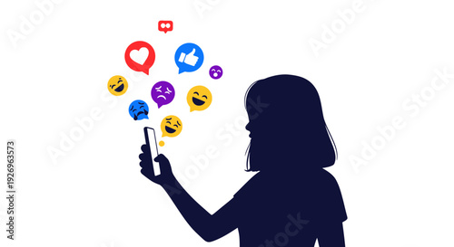 Girl Silhouette with Social Media Icons and Emojis on Phone