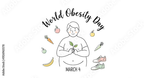 Illustration of Overweight Man with Healthy Foods.