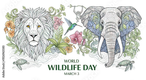 Illustration of Lion and Elephant with Flowers.