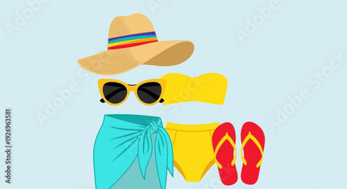 Summer Beach Vacation Outfit: Bikini, Sarong, Hat, Sunglasses, Flip-flops