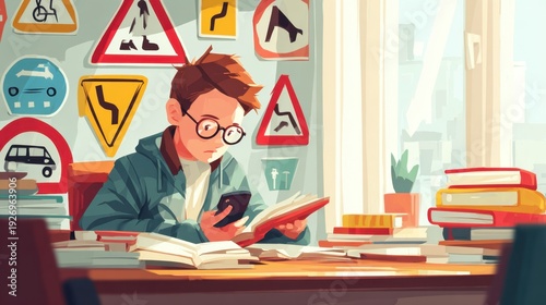 Young boy studying traffic signs for driving exam