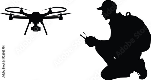 Drone operator silhouettes illustration set, aerial technology vector artwork, remote control design graphics, quadcopter icons collection, photography symbol