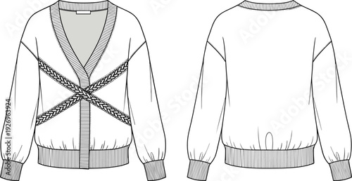 WebWomen cardigan sweater outline template, front and back view technical fashion drawing, long sleeve knitwear vector illustration design