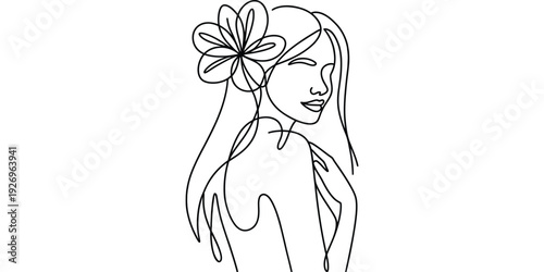 Minimalist continuous line art of woman with flower in hair