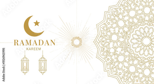 Ramadan Kareem greeting card featuring golden crescent moon stars hanging lanterns and intricate geometric mandala patterns vector.