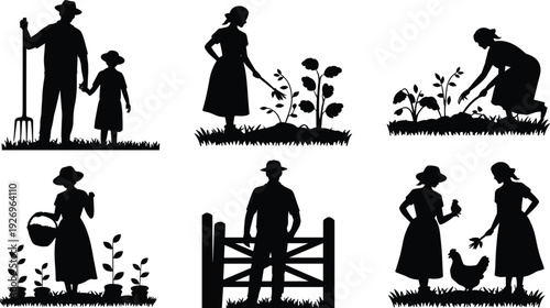 Farm life silhouettes illustration set, rural agriculture vector artwork, gardening harvest design graphics, countryside icons collection, traditional lifestyle symbol