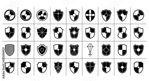 Collection of black and white shield logos and icons on grid background
