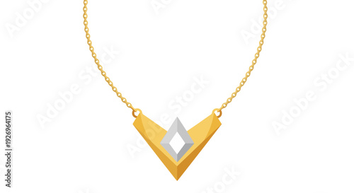 Golden V-shape necklace with diamond accent on white background